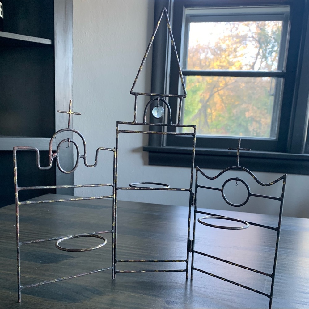 Vintage Metal Cross Church Candle Holder Display Holiday Fold Up 3 Holders